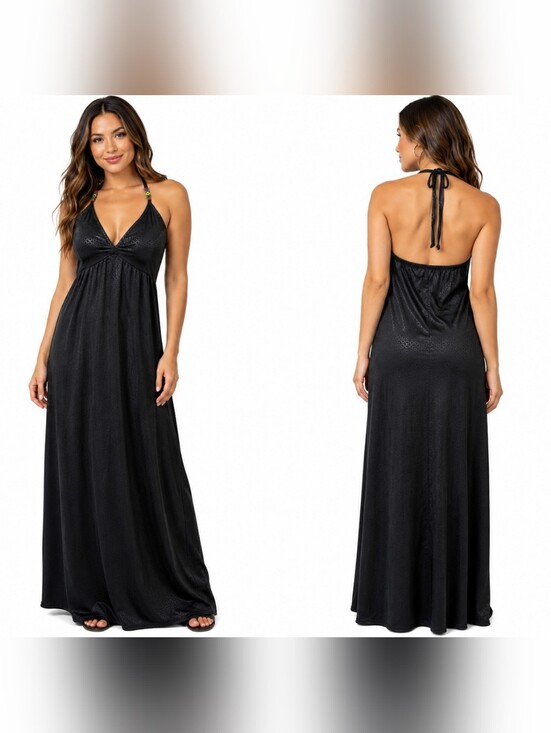 COOGI Dresses & Skirts - COOGI Black Maxi Halter Dress with Beaded Straps